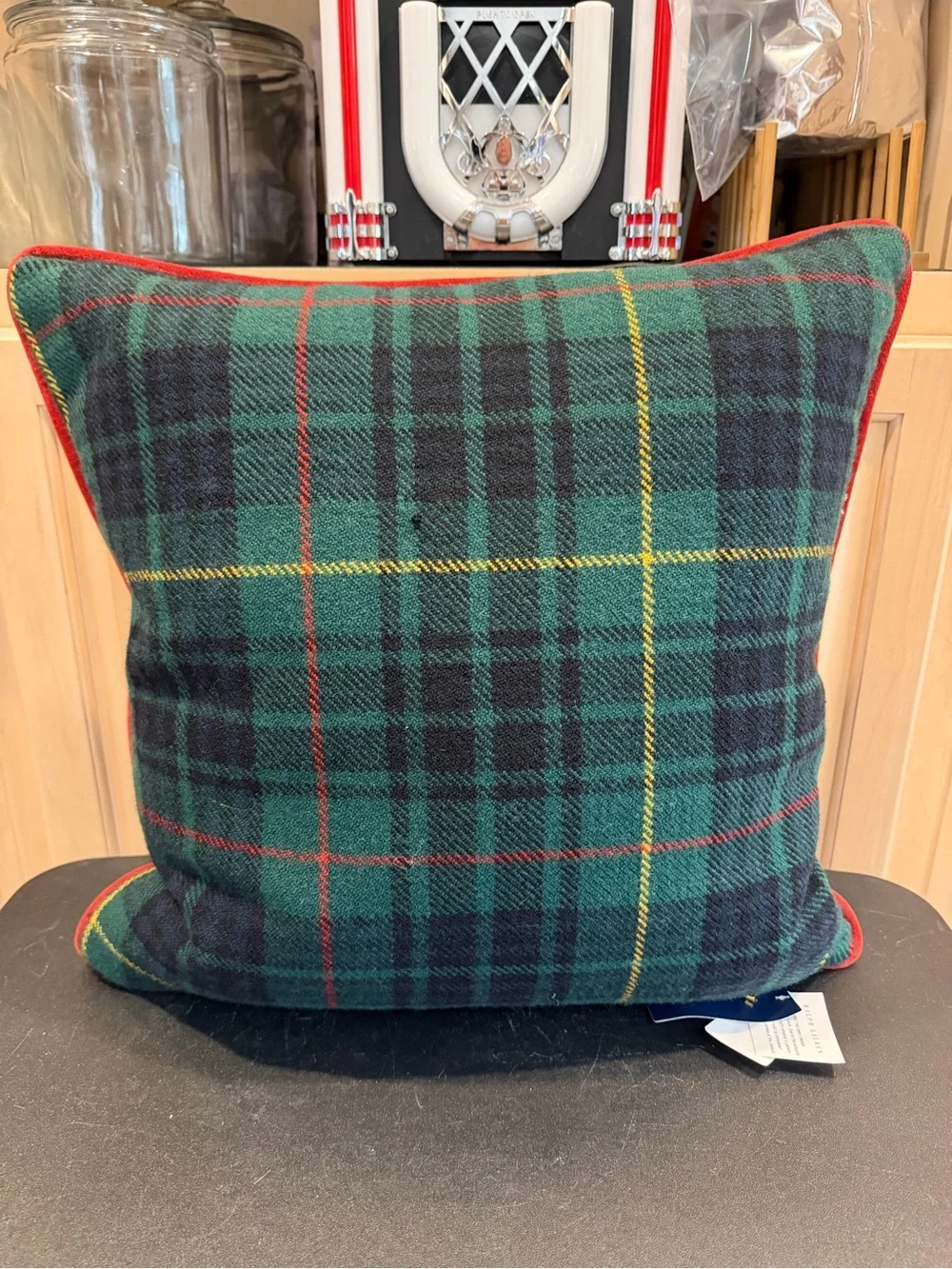 Ralph Lauren Home Green Black Tartan Plaid Wool Pillow with Gold Monogram
